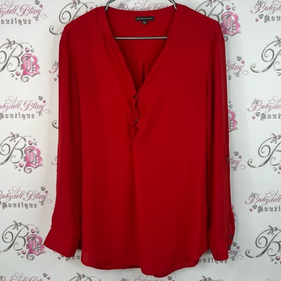 Adrianna Papell long sleeve bright Vibrant Red Blouse silver details buttons - Picture 1 of 9